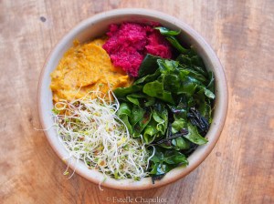 Bol coloré léger : purée de patate douce et carottes, salade d'épinards, chou lactofermenté, graines germées