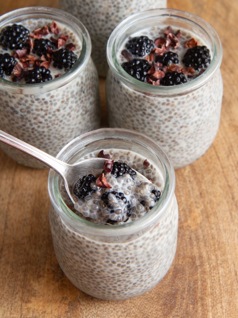 Pudding de chia au lait d'avoine et aux mûres sauvages (vegan, sans gluten)