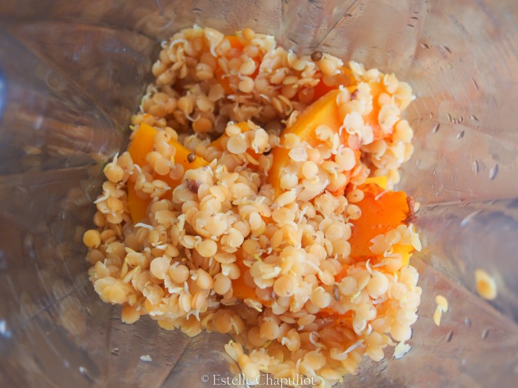 Purée de butternut et lentilles corail germées aux graines de coriandre et à la muscade