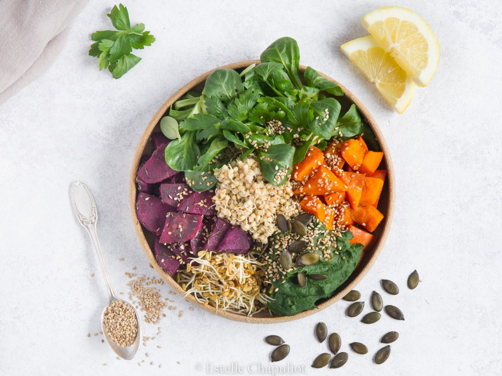 Assiette colorée : graines germées, purée panais-épinards, patate douce violette, potimarron, sarrasin germé, salade (vegan et sans gluten)