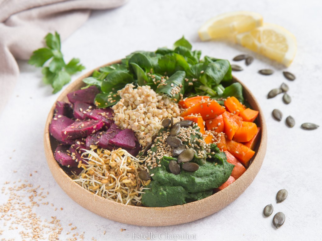 Assiette colorée : graines germées, purée panais-épinards, patate douce violette, potimarron, sarrasin germé, salade (vegan et sans gluten)