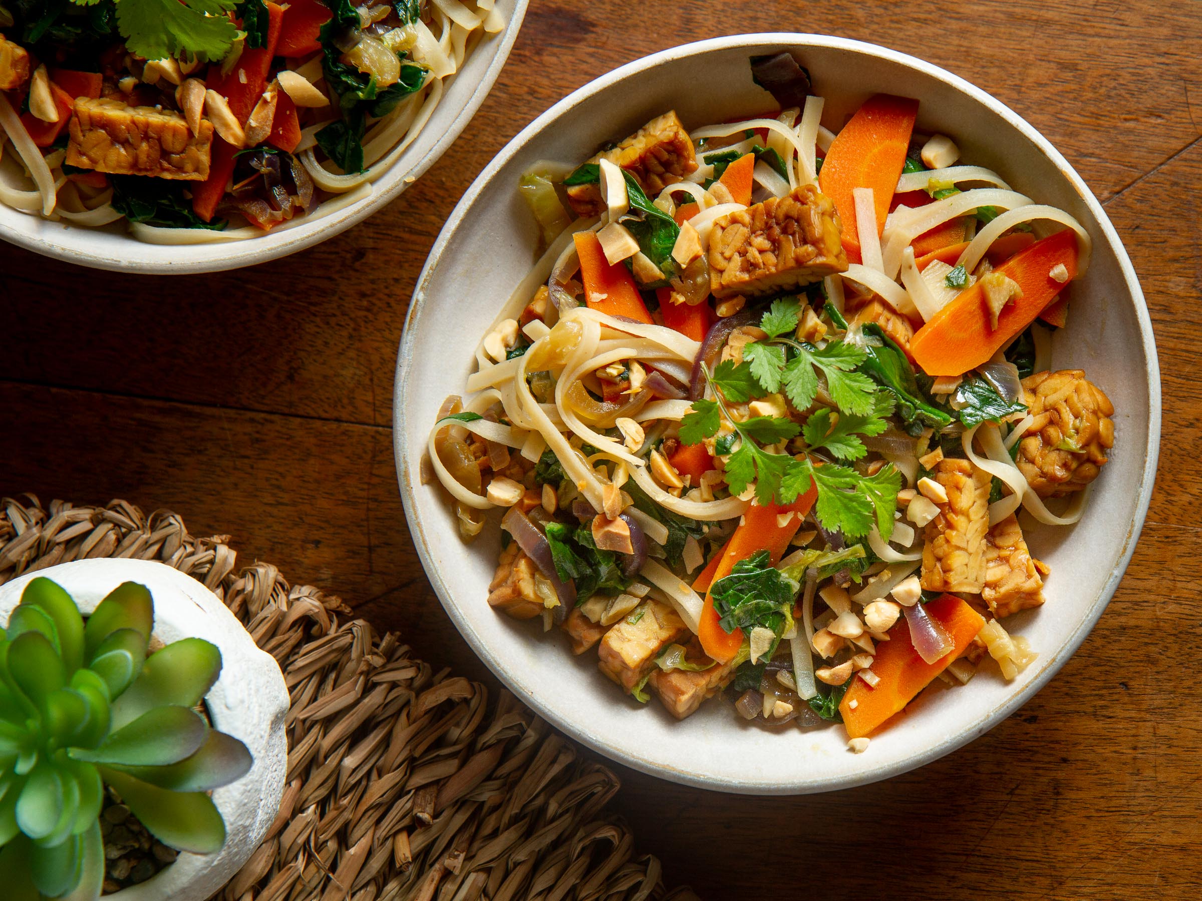 Tagliatelles de riz complet au tempeh, tamari, légumes (carotte, chou, épinards, coriandre) et cacahuète (vegan, sans gluten)